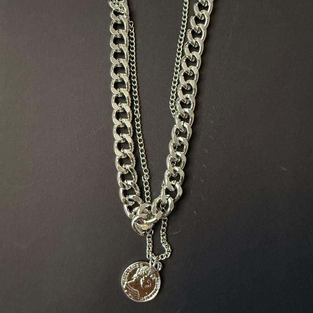 Layered Stainless Steel Chunky Chain Necklace w/ Coin Pendant T-Shirt Chain